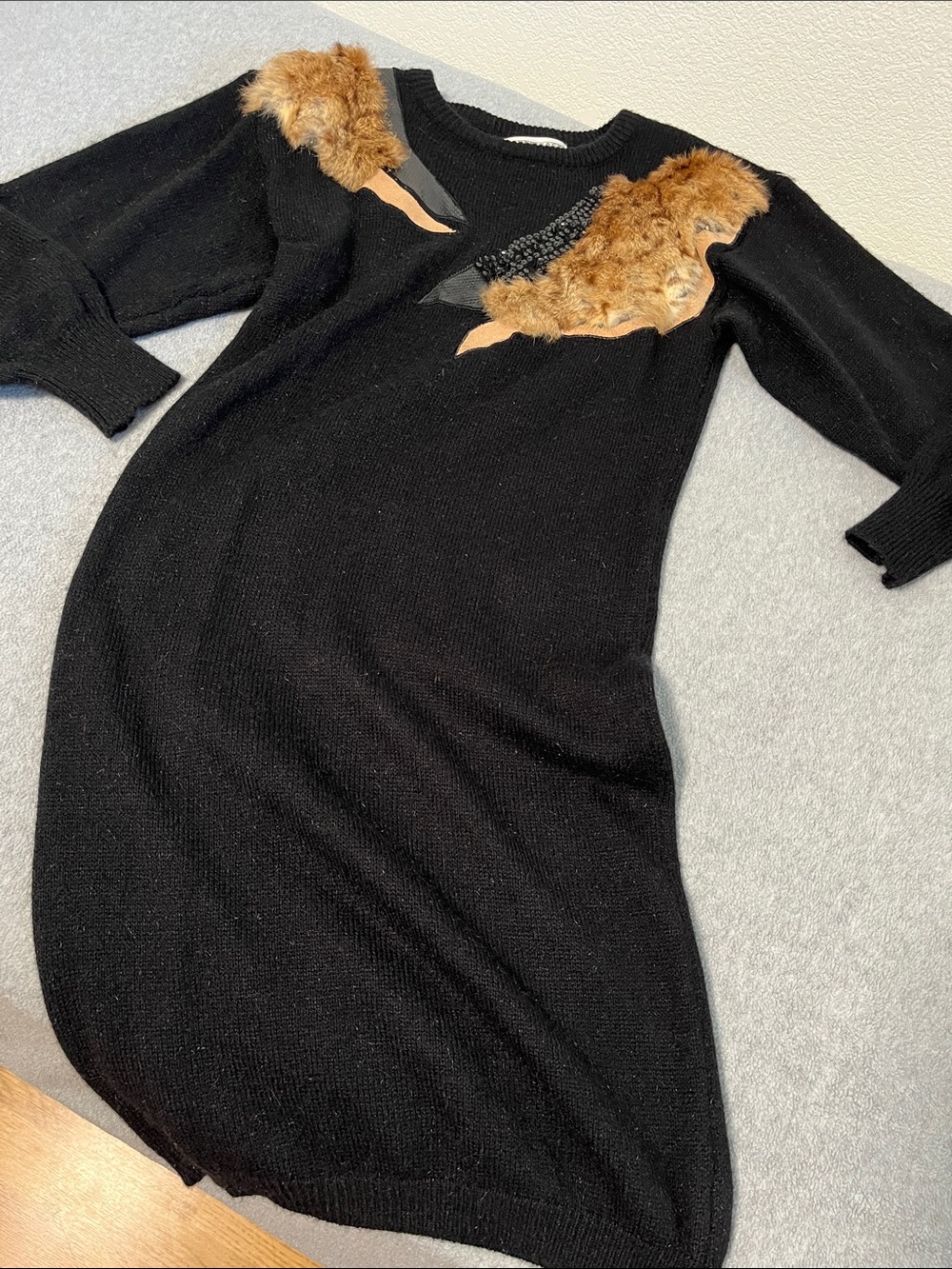 Vintage Black Sweater Dress Small Fur Patch Whimsigoth Grunge Statement